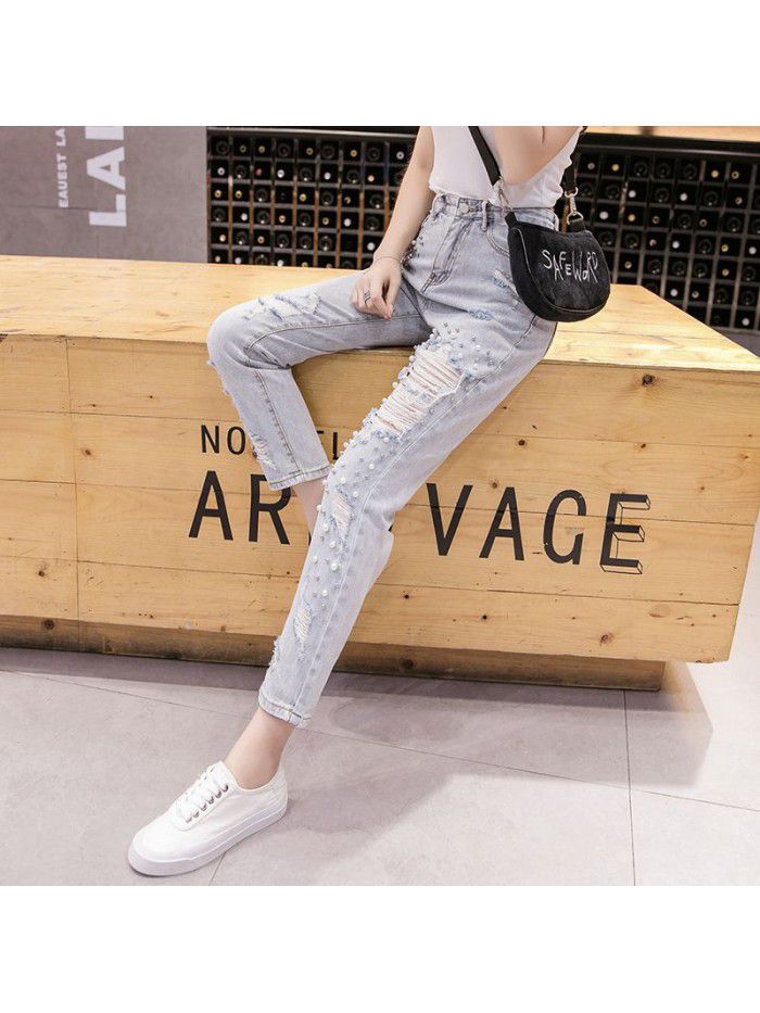 Ins nail bead rotten big hole jeans women's summer light loose baggy pants high waist slim Capris 
