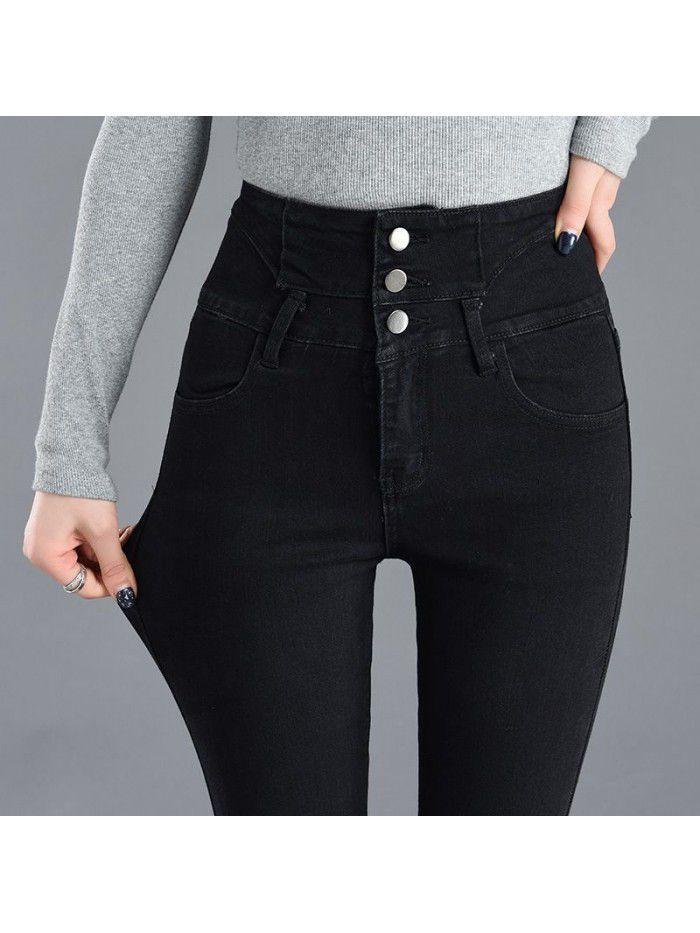 Autumn and winter  high waist jeans women's new Korean breasted elastic net red thin slim Leggings 