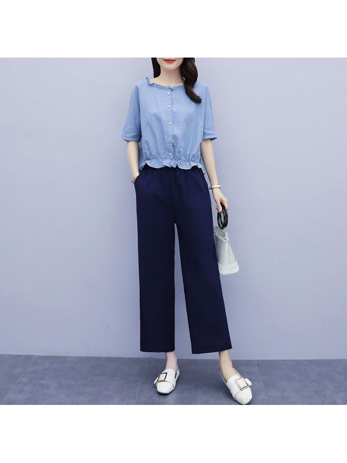 Cotton linen suit women's two piece suit  new summer loose bat sleeve casual versatile foreign style linen wide leg pants 