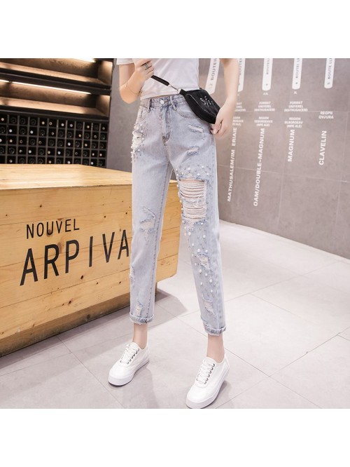 Ins nail bead rotten big hole jeans women's s...