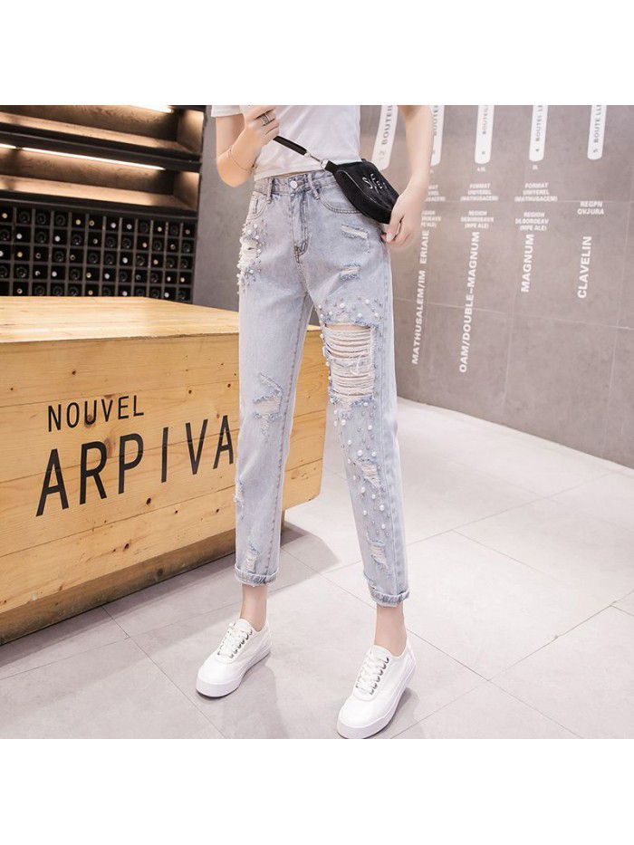 Ins nail bead rotten big hole jeans women's summer light loose baggy pants high waist slim Capris 