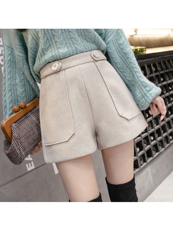 Women's tweed shorts autumn winter  new Korean version slim loose A-line wide leg pants with thickened woollen boots 