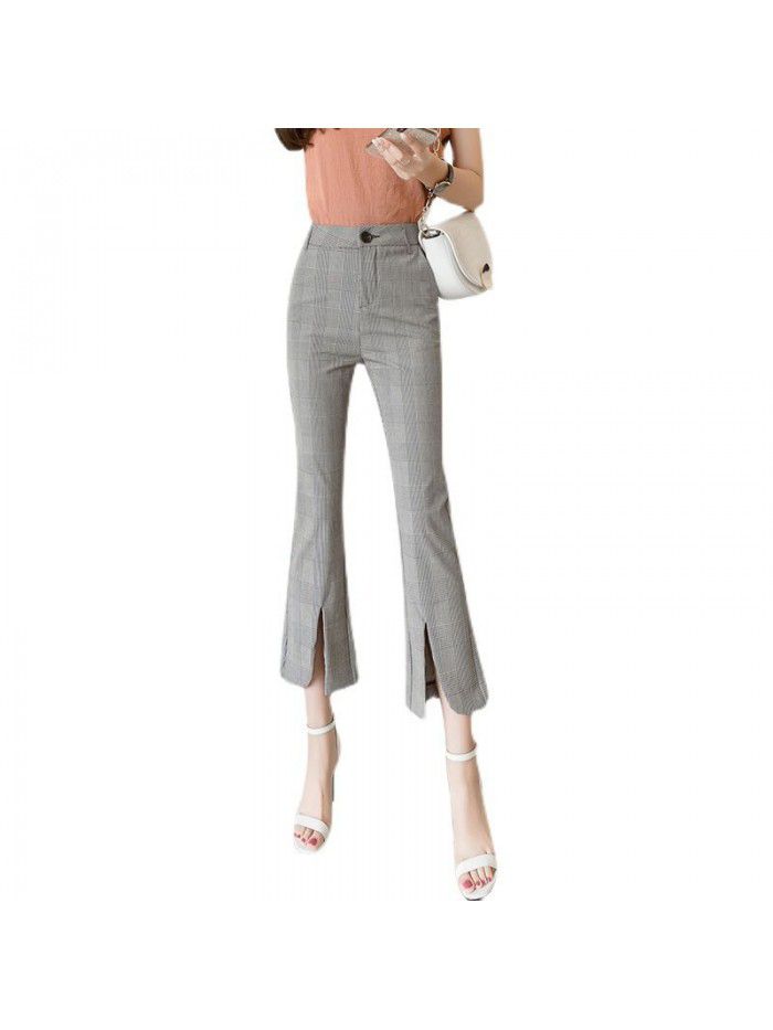 Real shot summer pants women's thin micro flared pants plaid pants women's casual pants flared pants high waist Capris 