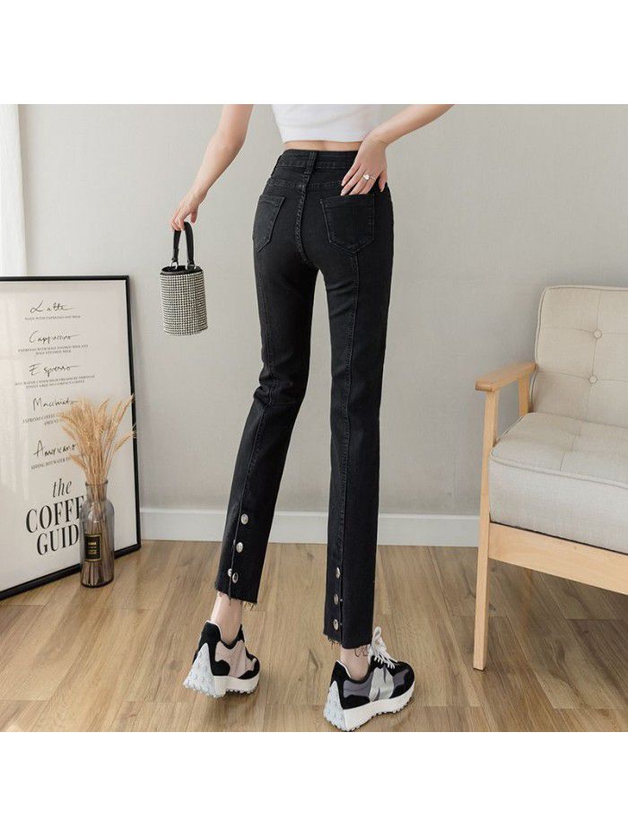 Back split black high waist small leg jeans for women 