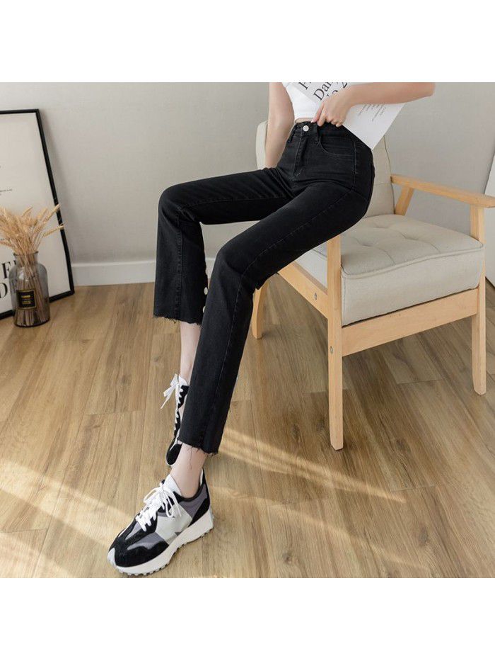 Back split black high waist small leg jeans for women 