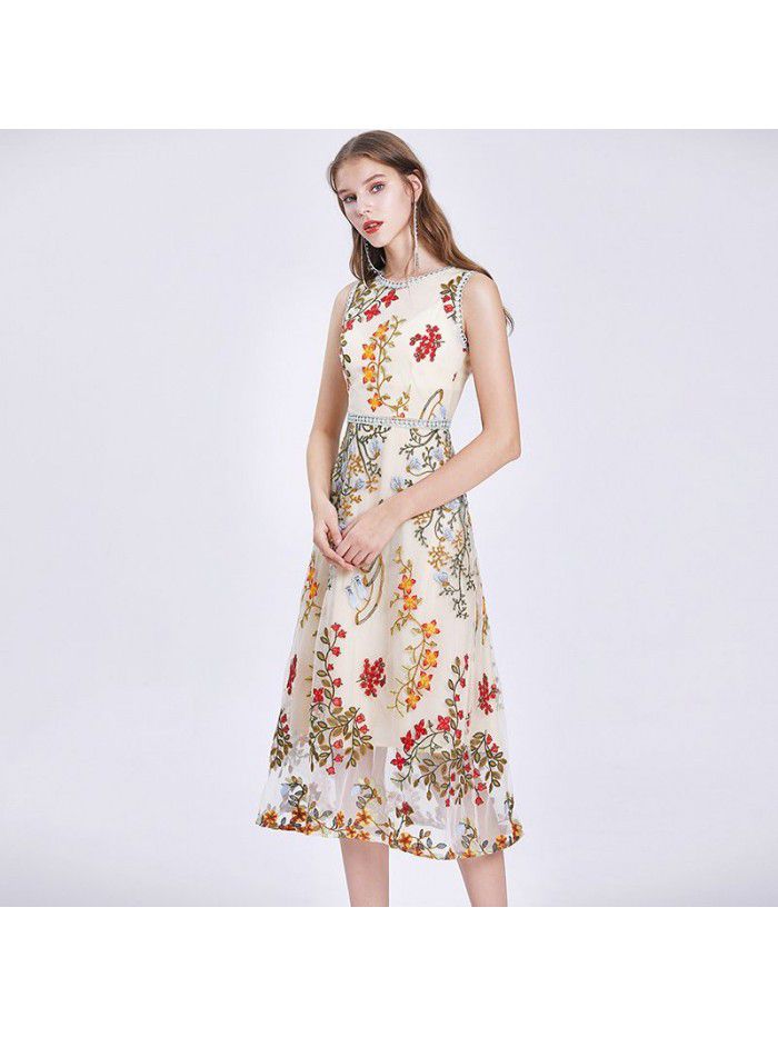 Spring and summer new embroidered flower slim elegant dress