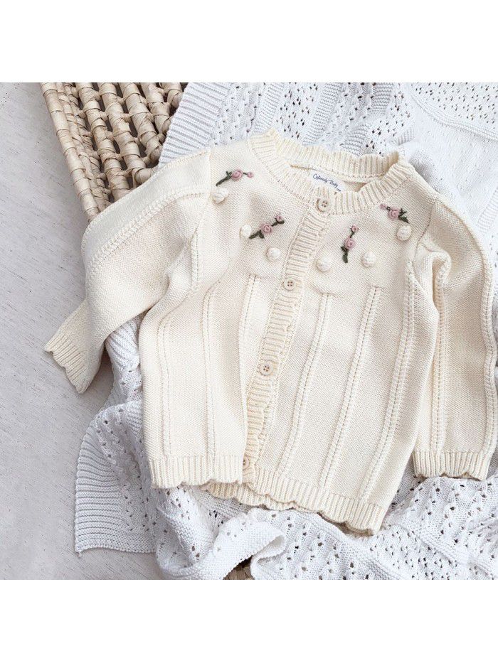 Baby girls embroidered cardigan sweater baby girls hand hook wool ball embroidered coat 