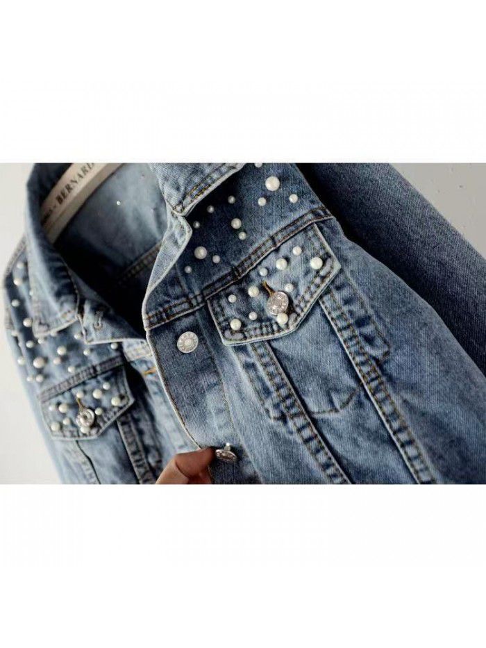Women's short denim jacket Beaded pearl jacket Loose spring and autumn new denim jacket 