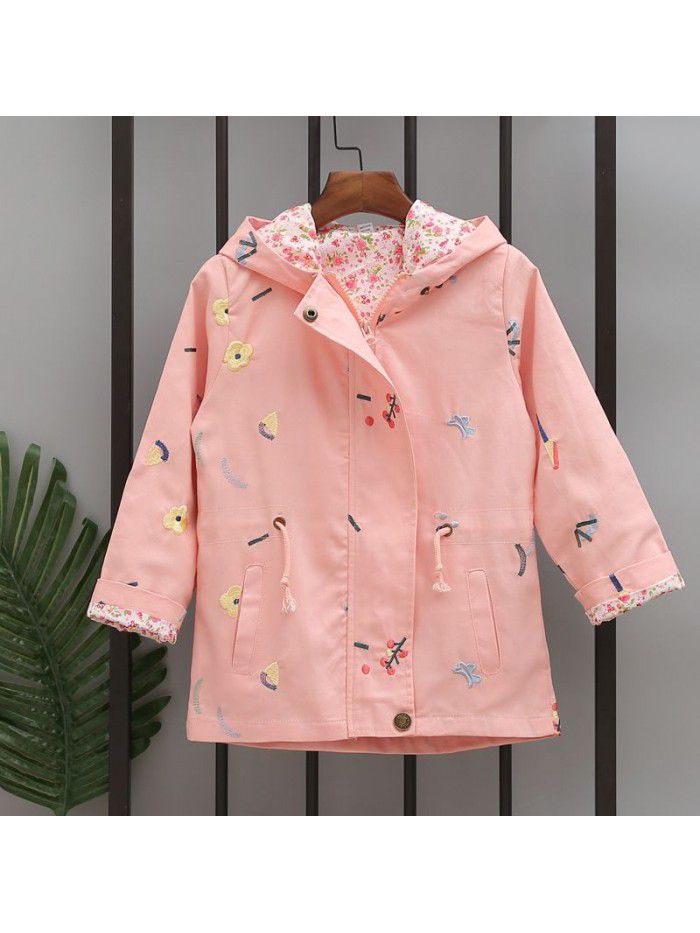Spring Girls' All Cotton Flower Embroidered Windbreaker Drawstring Hooded Mid length Coat Top 