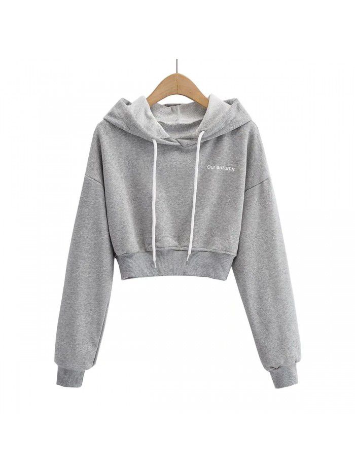 Letter embroidered hooded short lace up long sleeved pullover casual sweater