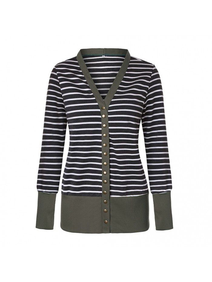Women's striped patchwork medium length long sleeved single breasted cardigan jacket