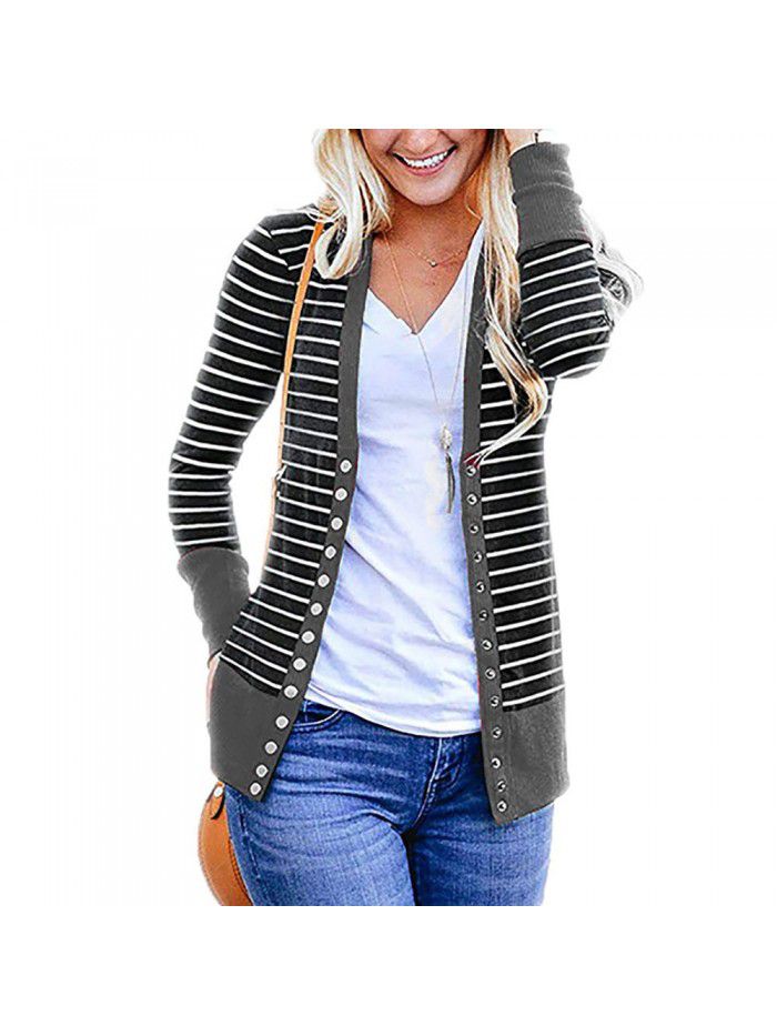 Women's striped patchwork medium length long sleeved single breasted cardigan jacket