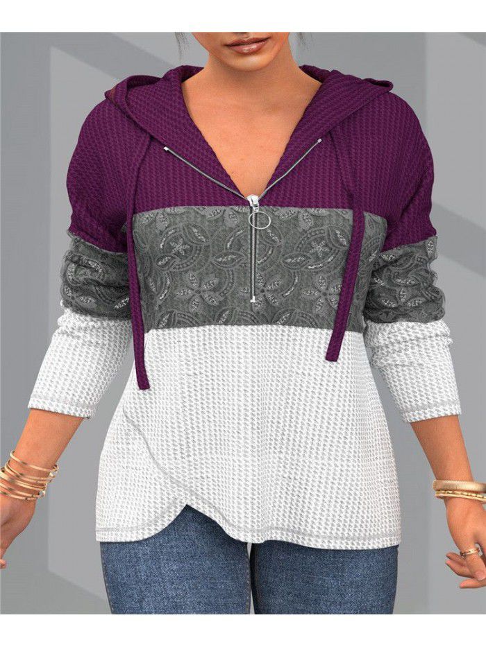 Autumn and Winter Temperament Hooded Colorful Zipper Sweater for Women