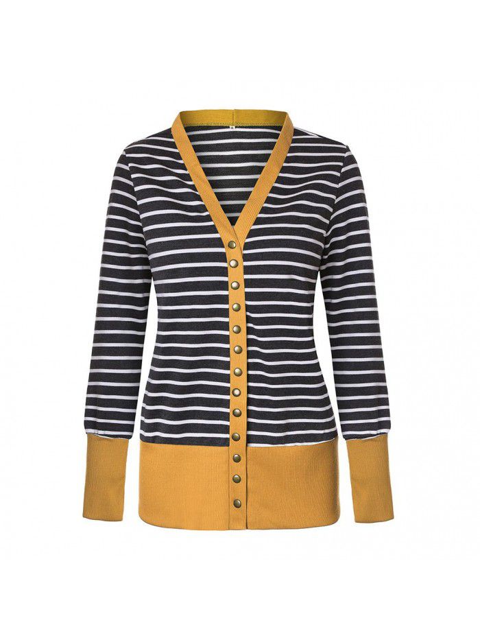 Women's striped patchwork medium length long sleeved single breasted cardigan jacket
