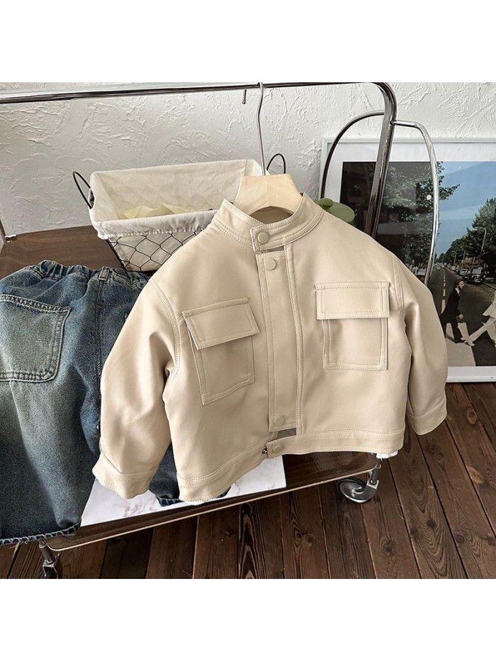 Boys' leather jacket, autumn outfit, new children's leather jacket, Korean version, girls' spring and autumn motorcycle clothing for small and medium-sized children