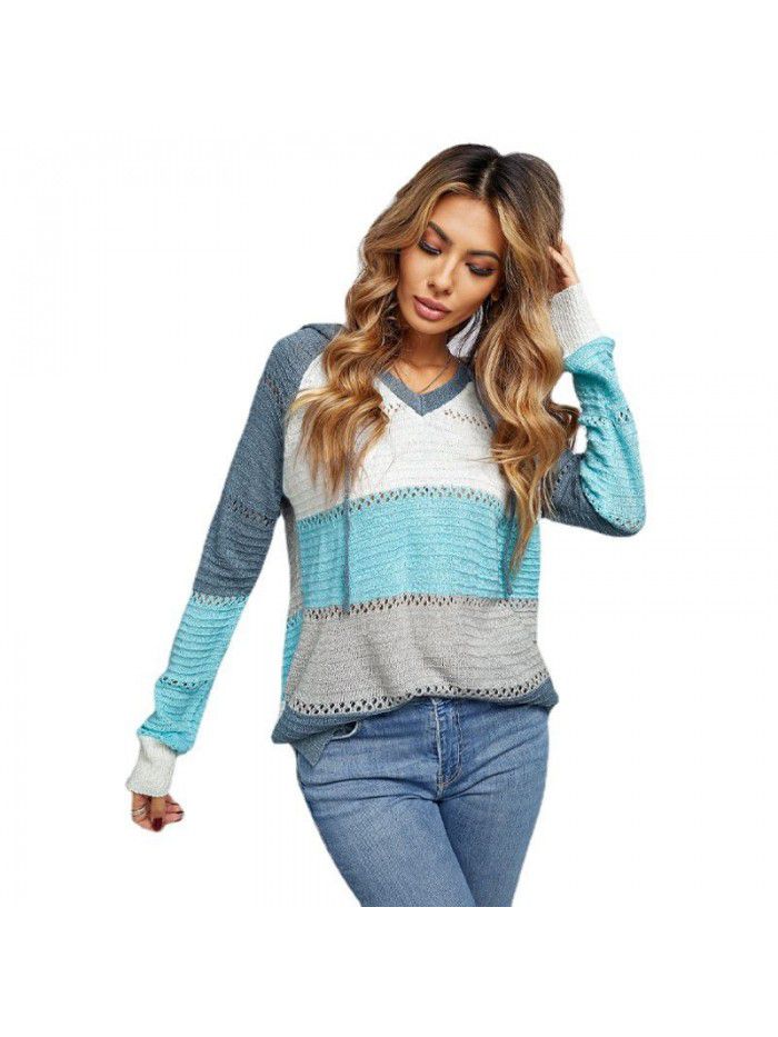 Knitted striped hooded sweater for women Spring and Autumn new long sleeved loose colored pullover top for women