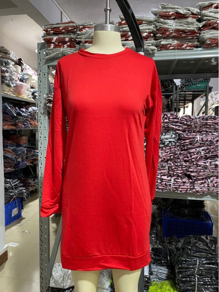 Winter New Casual Round Neck Solid Color Mid length Sweater Dress for Women