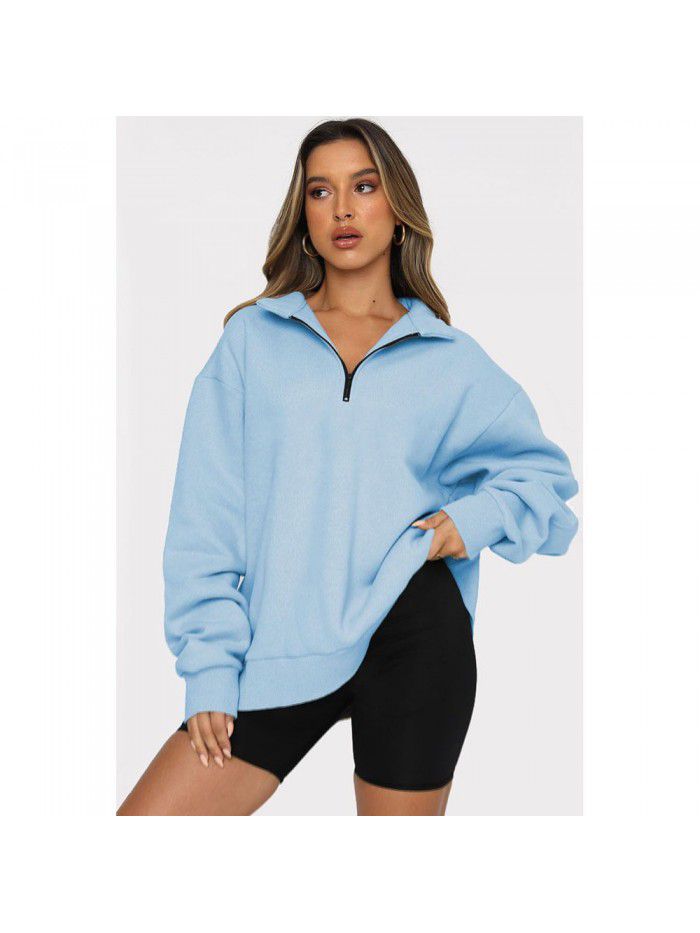 Shi Ying Zipper Lapel Large Sweater Women's Solid Loose Versatile Top