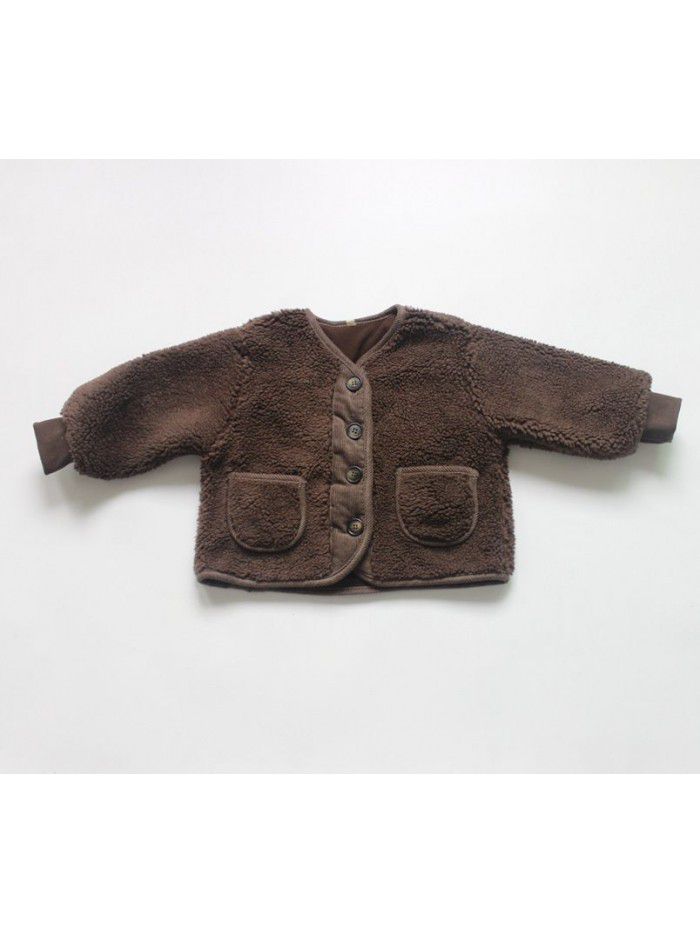Children's winter jacket loose plush Gary cotton jacket for boys and girls plush thickened jacket solid color