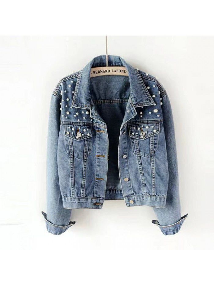 Women's short denim jacket Beaded pearl jacket Loose spring and autumn new denim jacket 