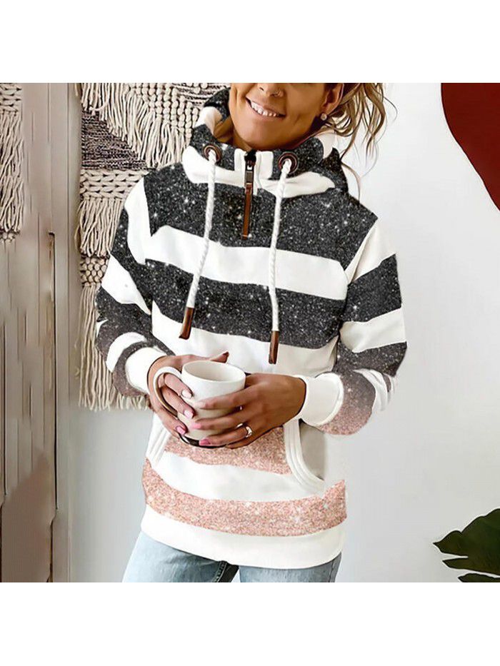 Autumn and winter women's printed hooded drawstring sweater loose fitting casual sweater for women