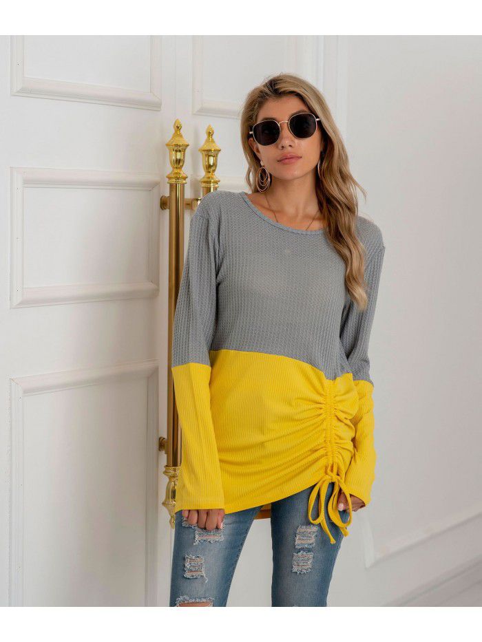 Splice knit shirt drawstring round neck versatile sweater women's large size