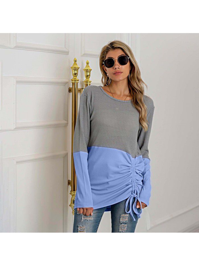 Splice knit shirt drawstring round neck versatile sweater women's large size