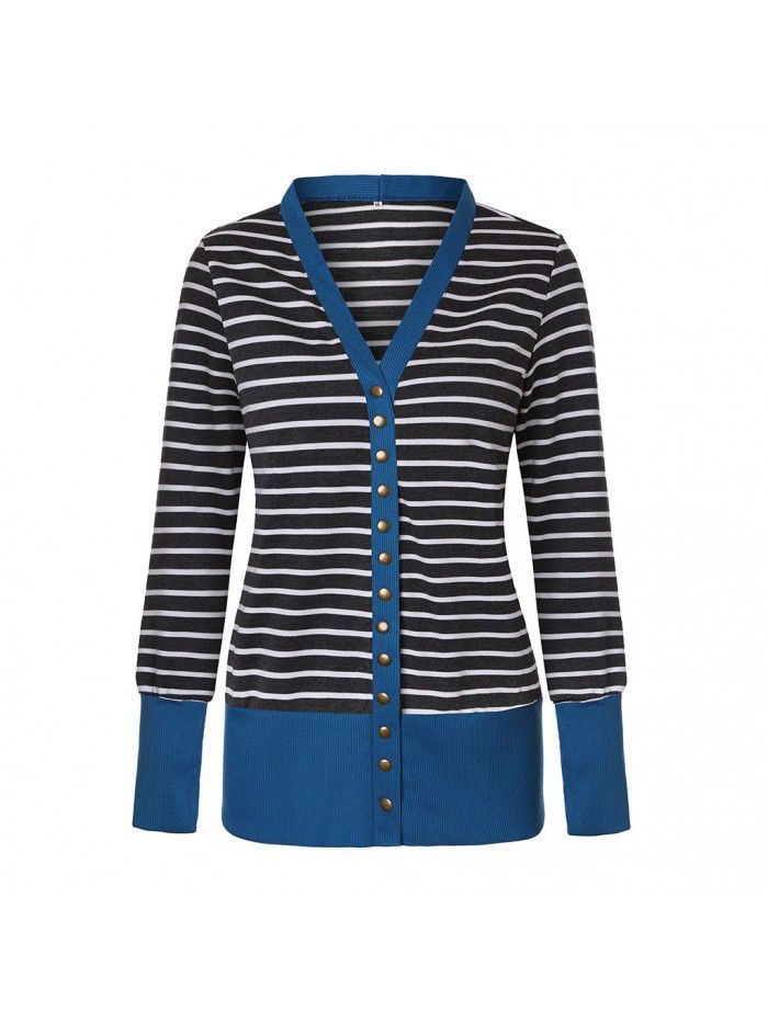 Women's striped patchwork medium length long sleeved single breasted cardigan jacket