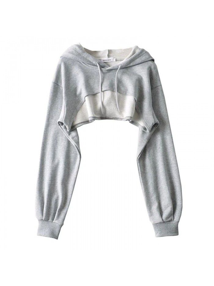 Short sports drawstring hoodie for women's solid color versatile long sleeved hoodie top