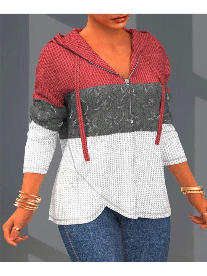 Autumn and Winter Temperament Hooded Colorful Zipper Sweater for Women