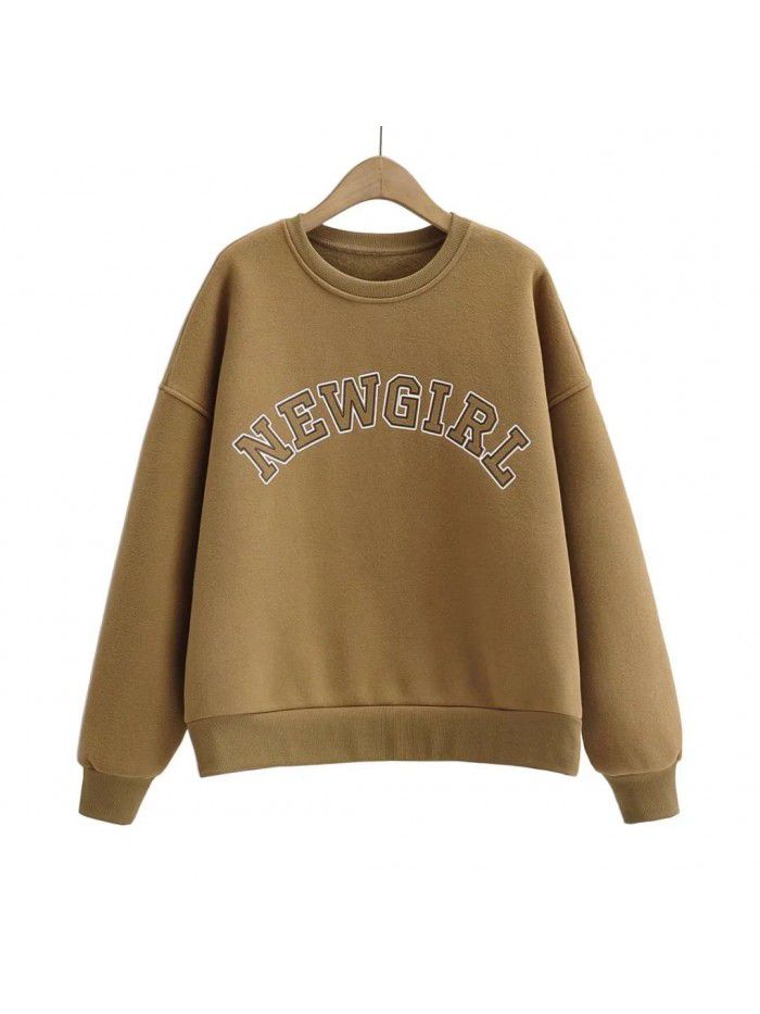 Autumn and Winter New Korean Loose Round Neck Large Print Plush Long Sleeve Pullover Women 