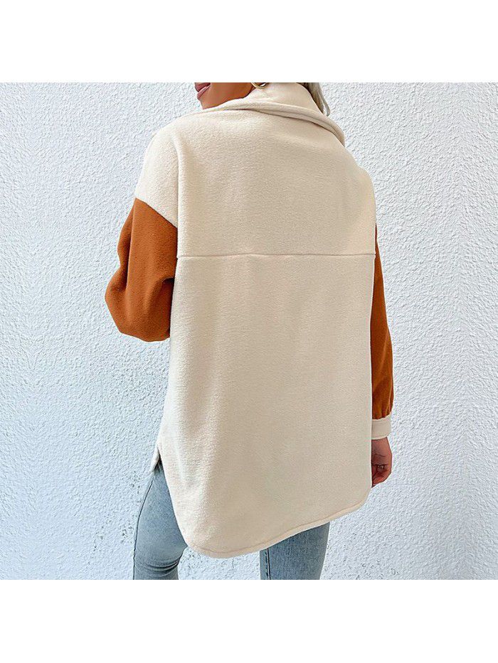 Autumn and Winter New Fashion Women's Polo Collar Colored Long Sleeve Fleece Coat