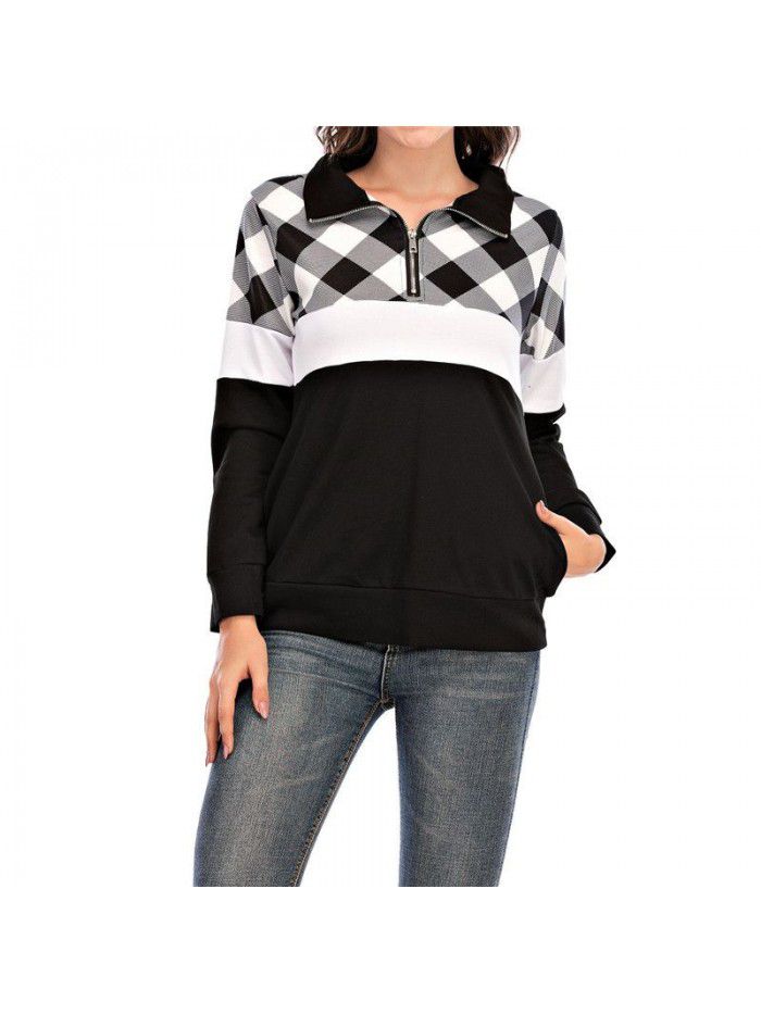 Long Sleeve Plaid Panel Zip Pocket T-shirt Casual Sweater Women's Top 