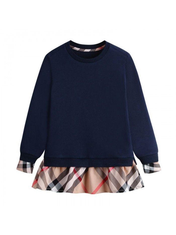 Children's color matching terry pullover sweater, girls' pure cotton pullover, long sleeved base shirt, spring and autumn new baby clothing