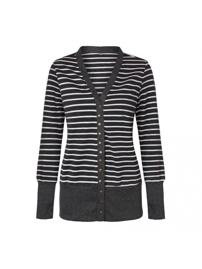 Women's striped patchwork medium length long sleeved single breasted cardigan jacket