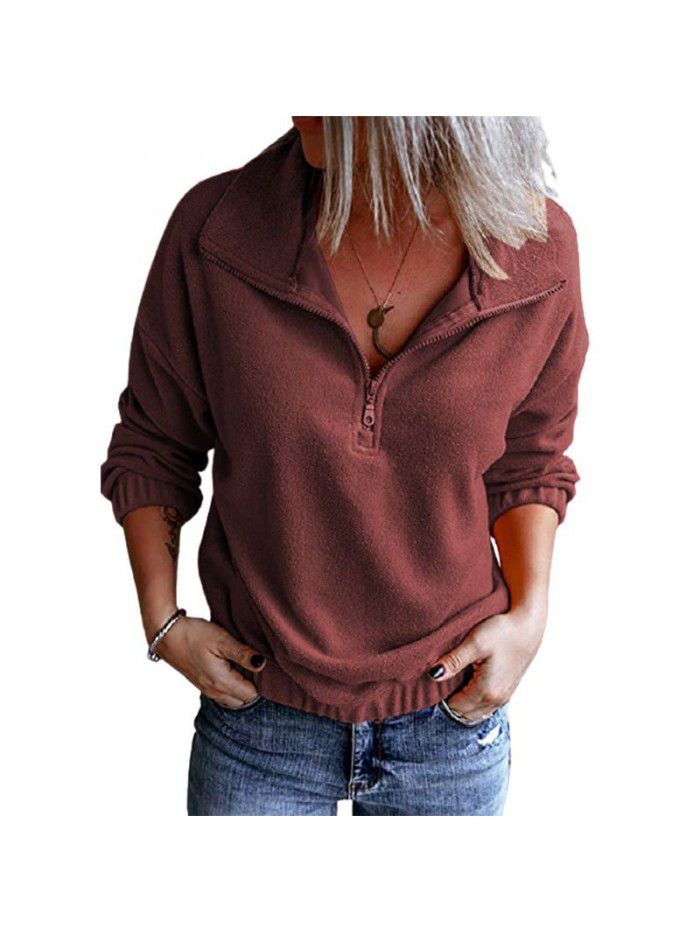 Solid color fleece standing neck zippered sweater for women casual long sleeved top for women
