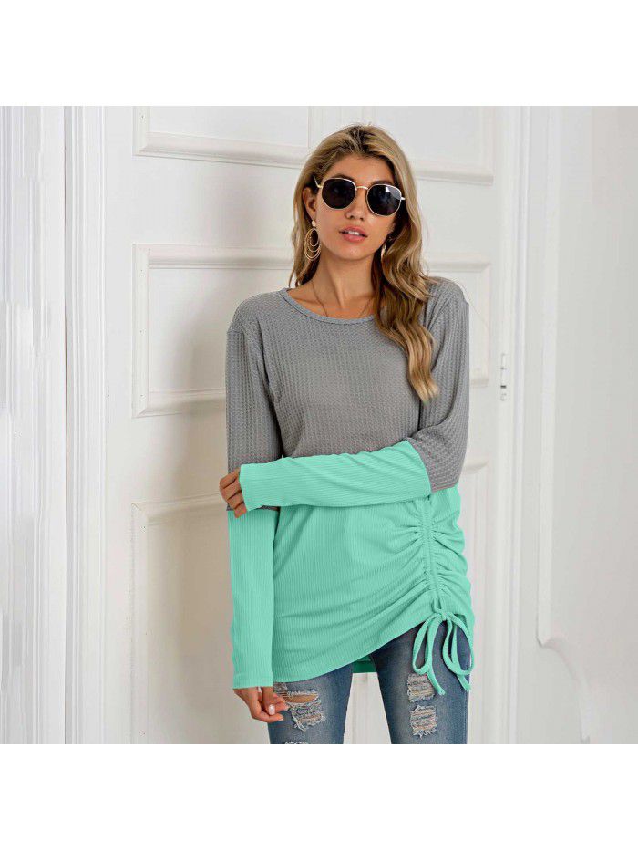 Splice knit shirt drawstring round neck versatile sweater women's large size