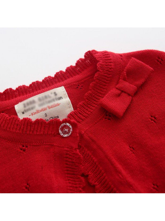 Bowknot middle and small children's shawl children's air-conditioned shirt summer girls knitted cardigan coat 