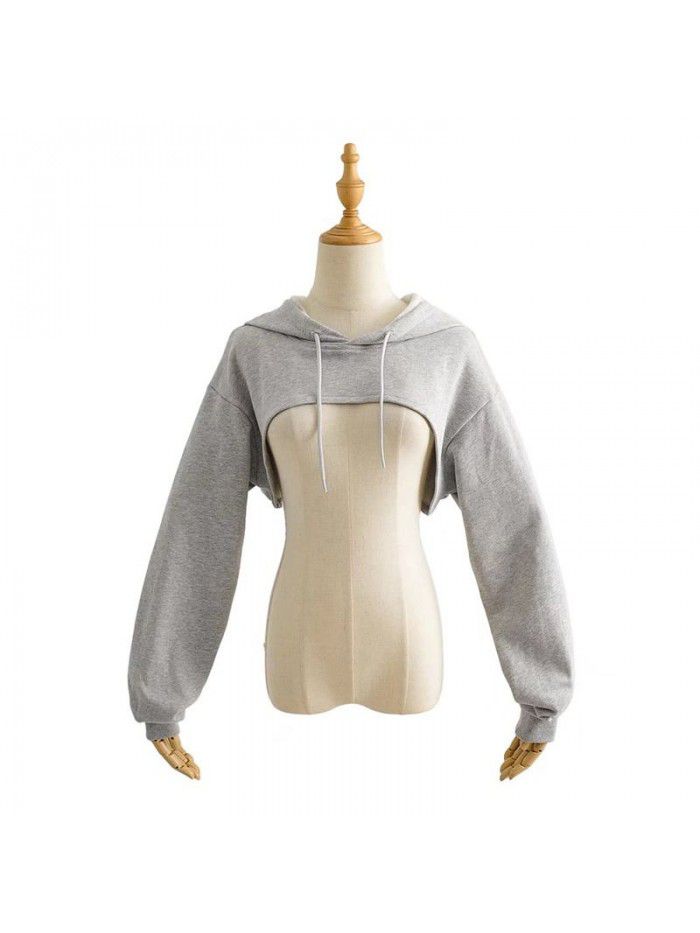 Short sports drawstring hoodie for women's solid color versatile long sleeved hoodie top