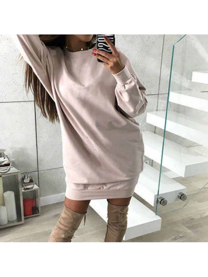 Winter New Casual Round Neck Solid Color Mid length Sweater Dress for Women
