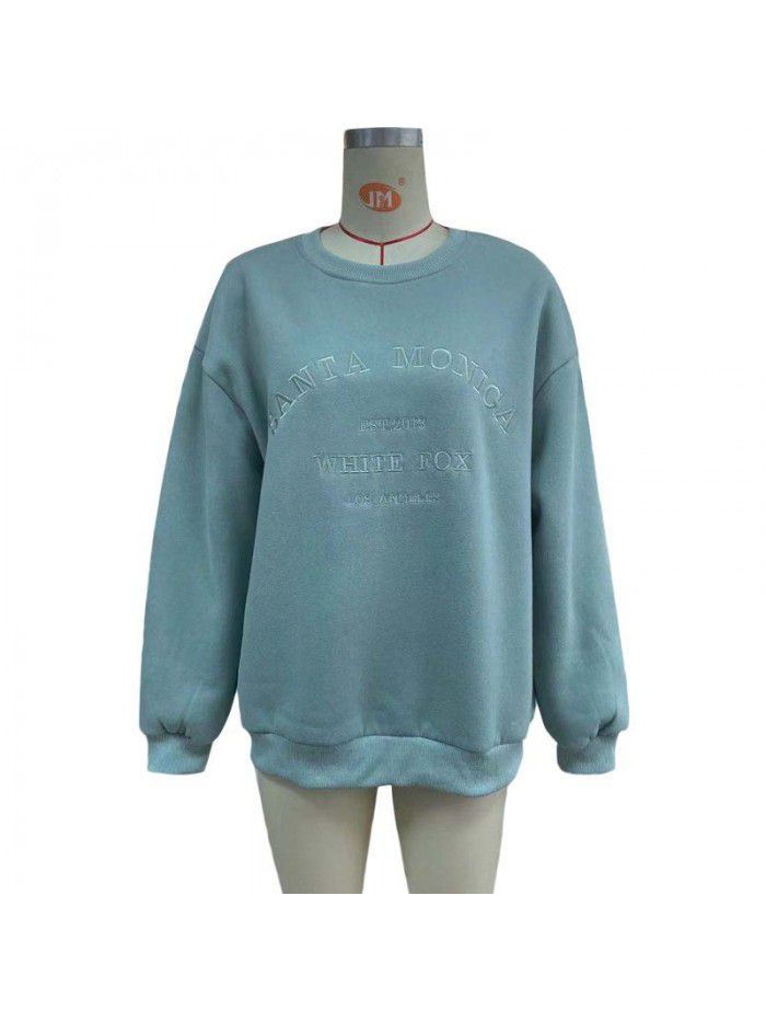 Women's sweater letter embroidered loose casual long sleeved sweater with plush pullover sweatshirt