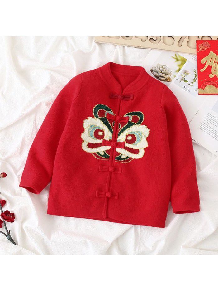 Middle and small children's neutral children's sweater Solid cute cotton long sleeved baby New Year cardigan