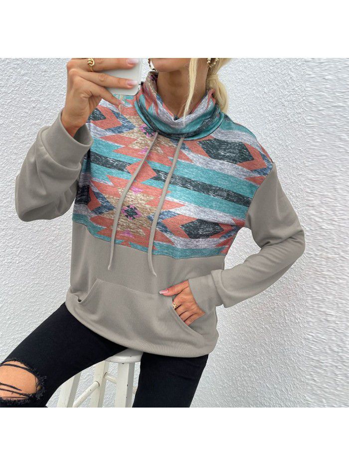 Autumn and Winter New Stacked Collar Pullover Fashion Printed Color Block Women's Sweater