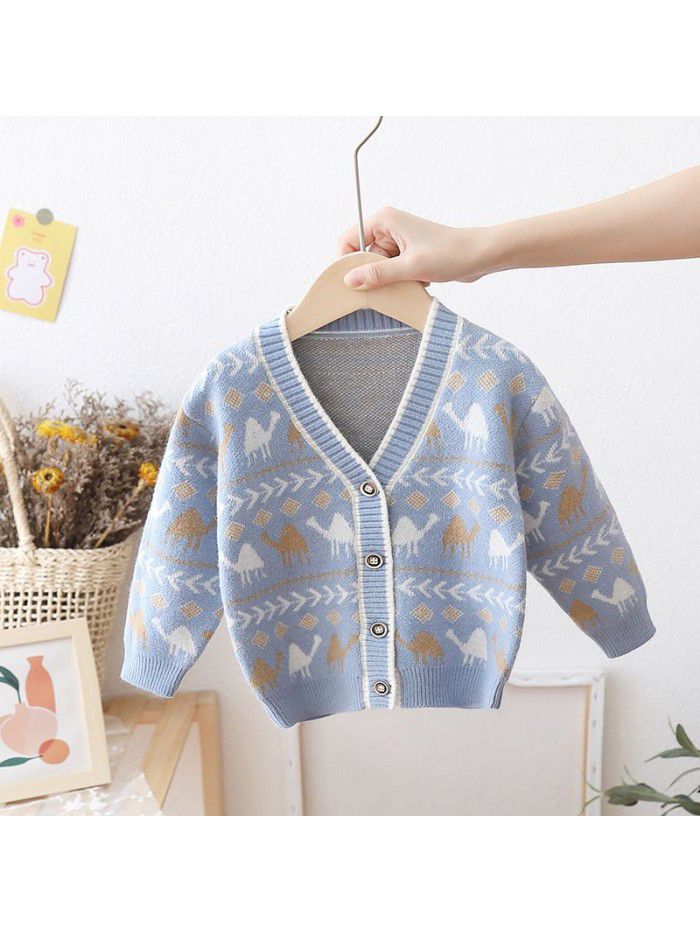 Boys' Dinosaur Cartoon Sweater Cardigan Autumn/Winter Baby Knitted V-Neck Outerwear Children's Coat
