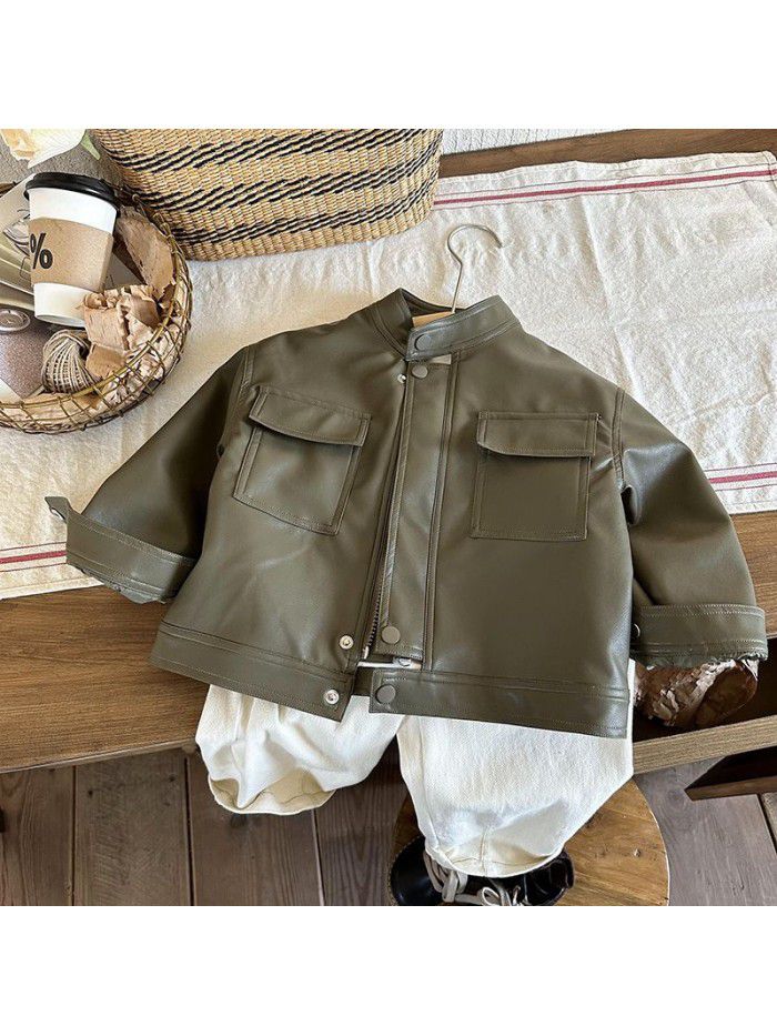 Boys' leather jacket, autumn outfit, new children's leather jacket, Korean version, girls' spring and autumn motorcycle clothing for small and medium-sized children