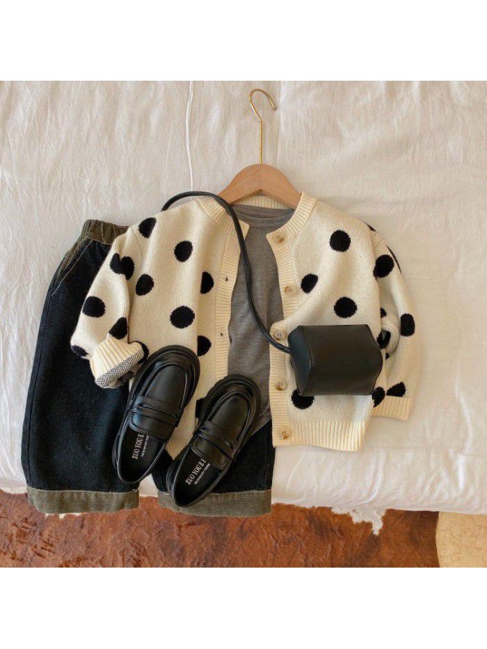 Children's Sweater Spring and Autumn New Boys' and Girls' Round Dot Knitwear Baby Versatile Cardigan Coat Trend