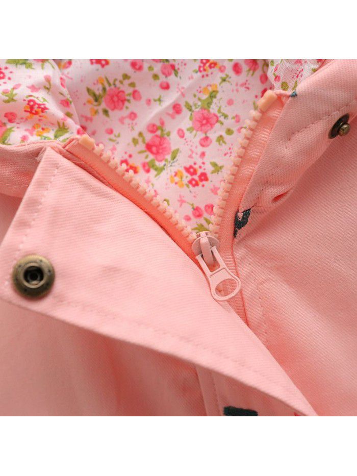Spring Girls' All Cotton Flower Embroidered Windbreaker Drawstring Hooded Mid length Coat Top 
