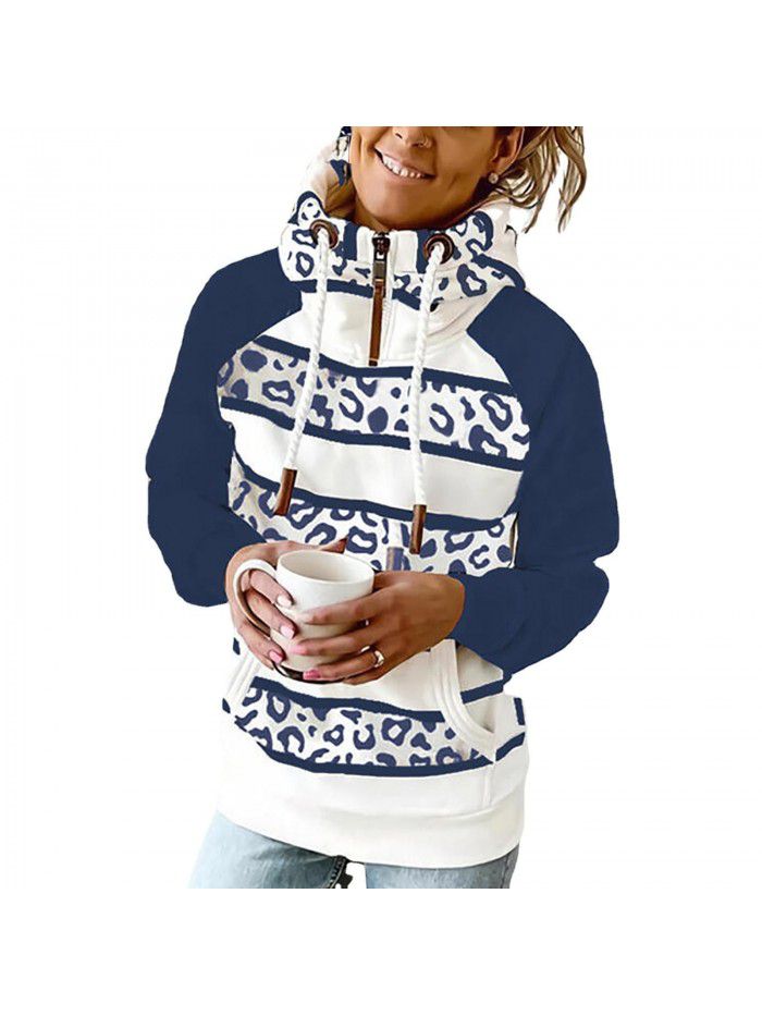 Autumn and winter women's printed hooded drawstring sweater loose fitting casual sweater for women