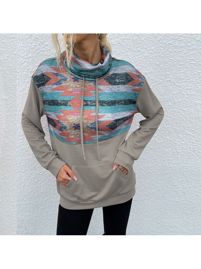 Autumn and Winter New Stacked Collar Pullover Fashion Printed Color Block Women's Sweater