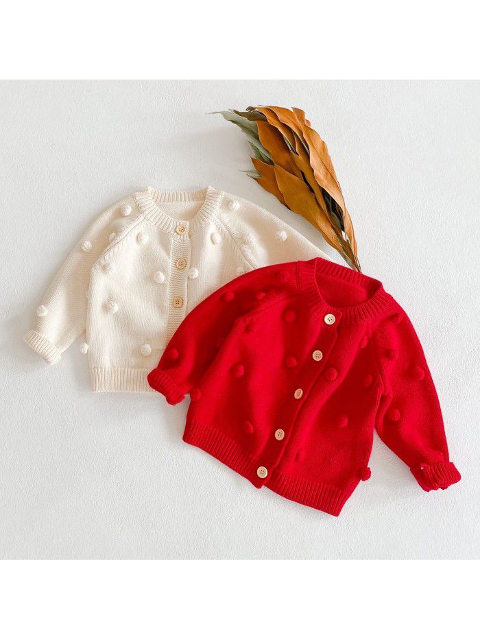 Versatile for boys and girls in spring and autumn, children's handmade ball knitting jacket, cotton long-sleeved newborn new year's clothes 